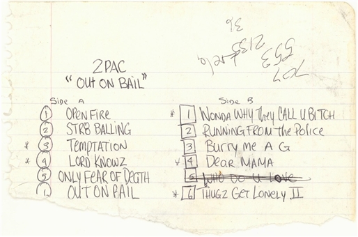 Tupac Shakur "Out On Bail" Hand Written Album Track List (JSA)